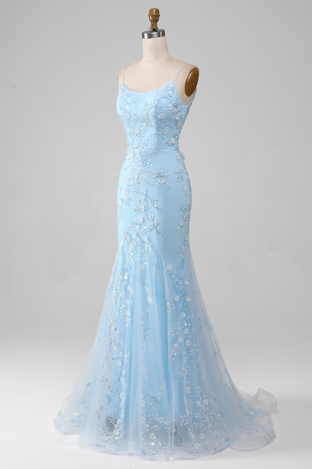 Robe longue longue sirène perlée bleu clair scintillant