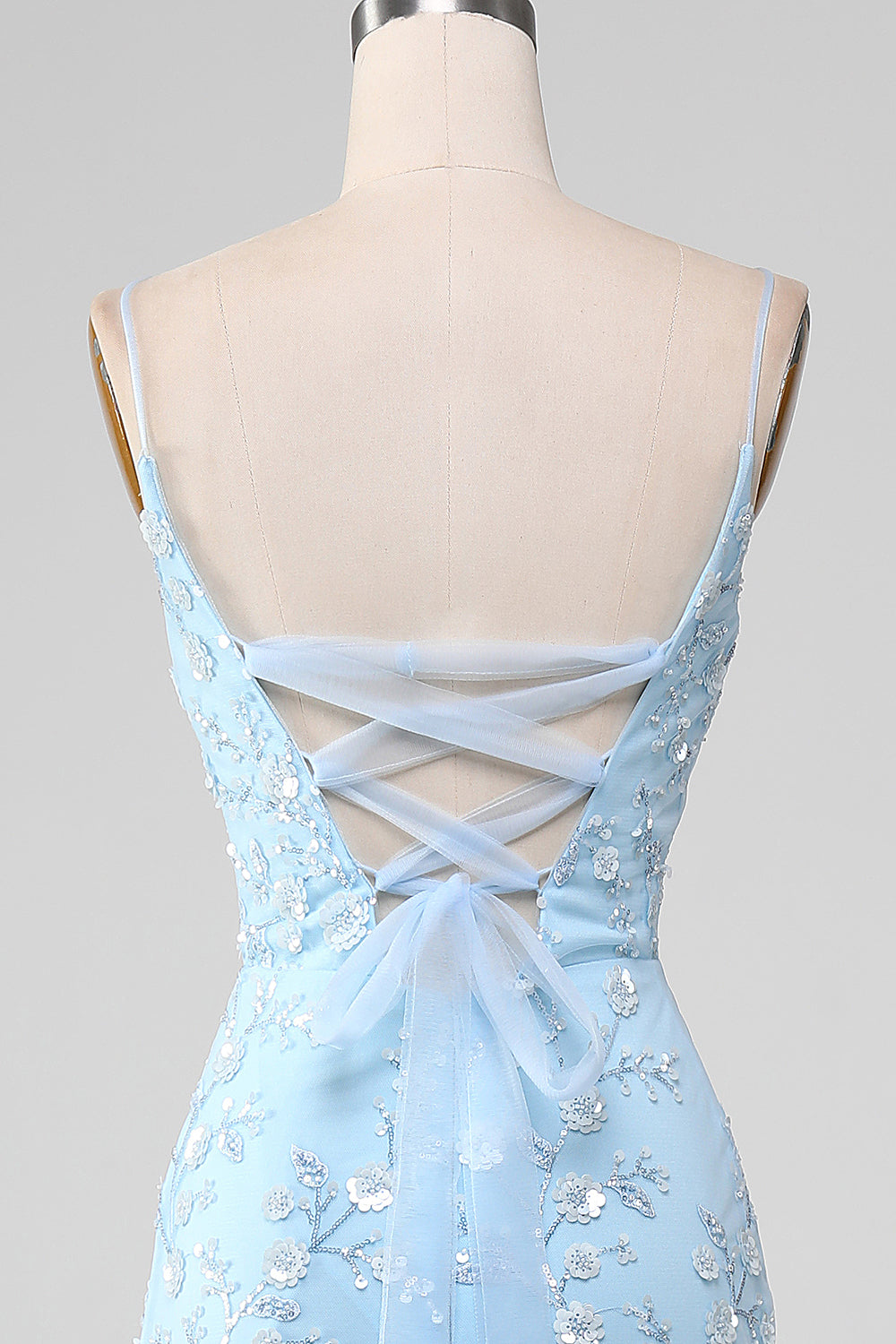 Robe longue longue sirène perlée bleu clair scintillant