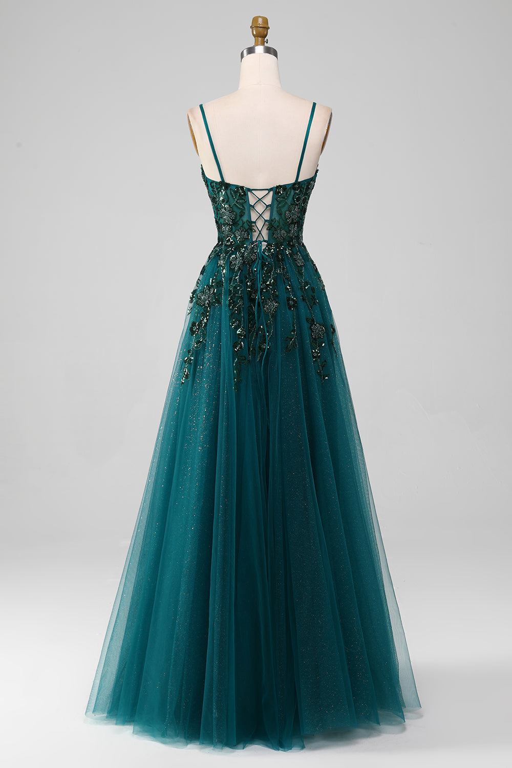 Magnifique une ligne Spaghetti Bretelles Vert Foncé Longue Robe De soirée Avec Appliques