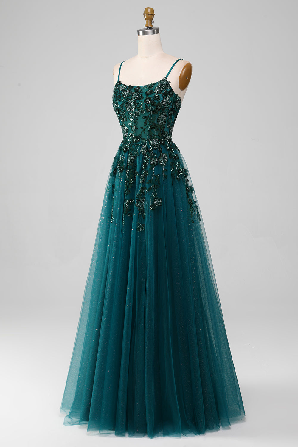 Magnifique une ligne Spaghetti Bretelles Vert Foncé Longue Robe De soirée Avec Appliques