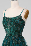 Magnifique une ligne Spaghetti Bretelles Vert Foncé Longue Robe De soirée Avec Appliques