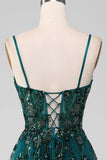Magnifique une ligne Spaghetti Bretelles Vert Foncé Longue Robe De soirée Avec Appliques