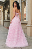 Rose A-ligne bustier à plusieurs niveaux long Corset robe de soirée avec dentelle