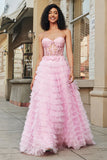 Rose A-ligne bustier à plusieurs niveaux long Corset robe de soirée avec dentelle