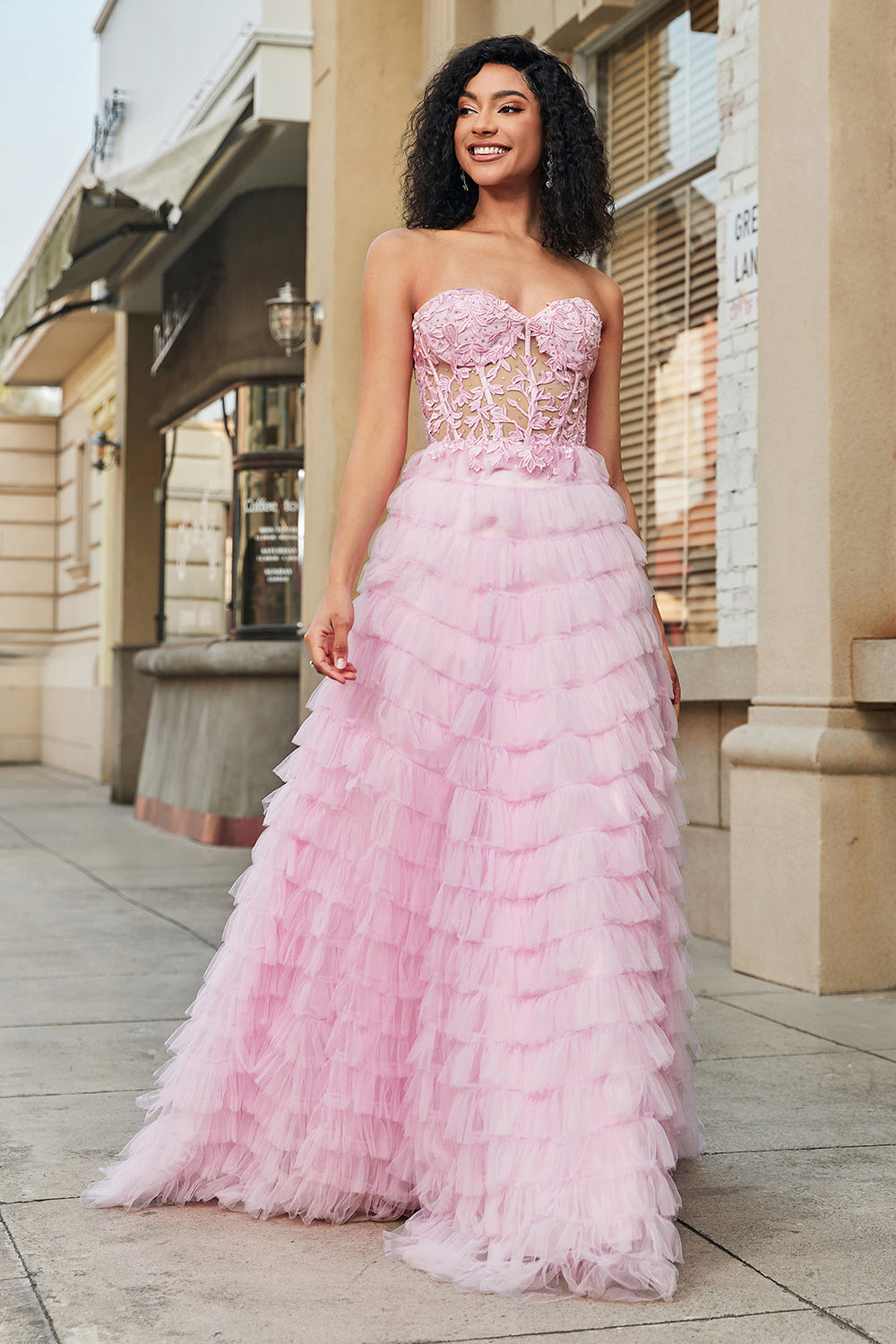 Rose A-ligne bustier à plusieurs niveaux long Corset robe de soirée avec dentelle