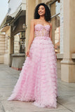 Rose A-ligne bustier à plusieurs niveaux long Corset robe de soirée avec dentelle