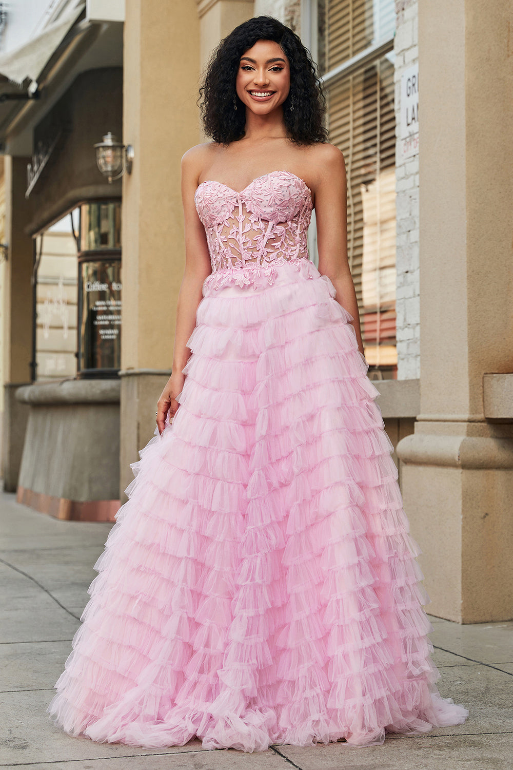 Rose A-ligne bustier à plusieurs niveaux long Corset robe de soirée avec dentelle