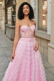 Rose A-ligne bustier à plusieurs niveaux long Corset robe de soirée avec dentelle