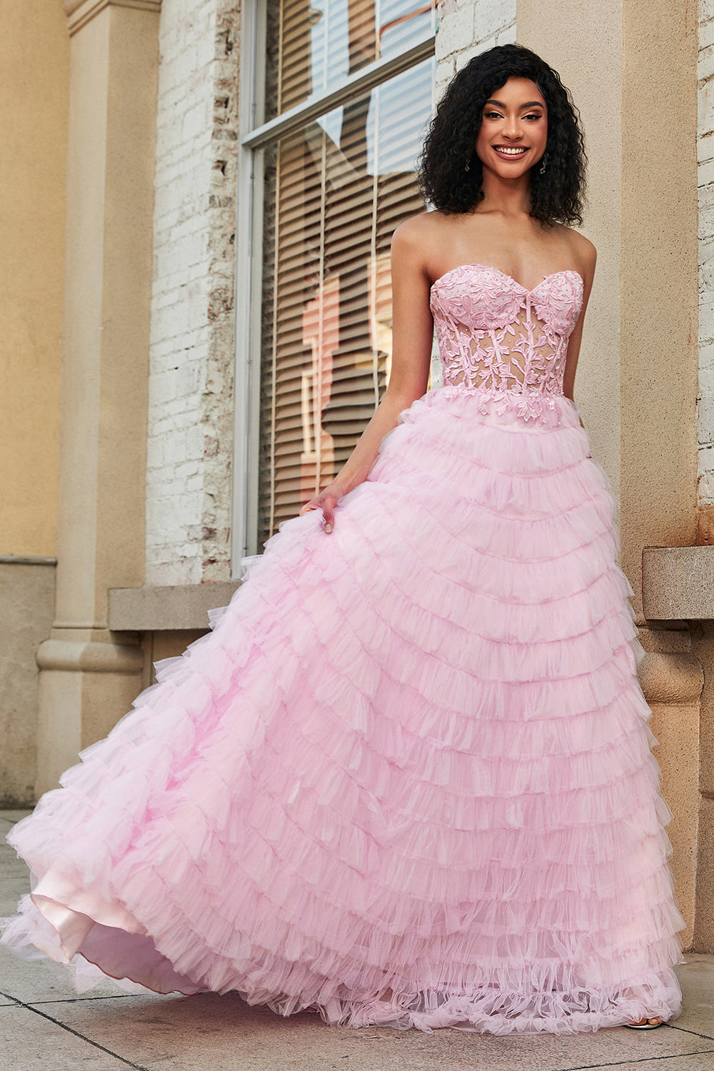 Rose A-ligne bustier à plusieurs niveaux long Corset robe de soirée avec dentelle
