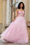Rose A-ligne bustier à plusieurs niveaux long Corset robe de soirée avec dentelle
