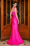 Robe de soirée sirène scintillante rose vif avec évidage
