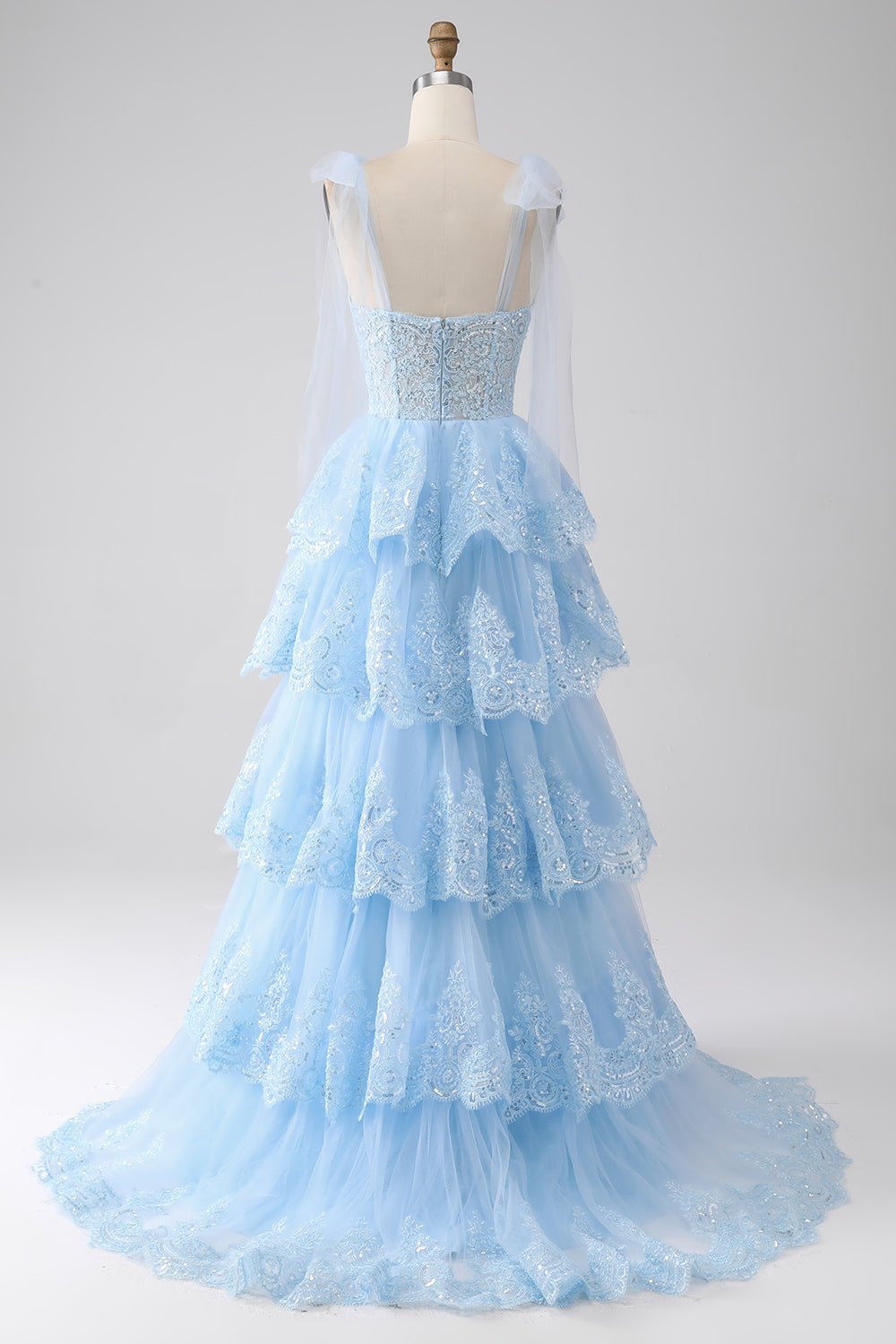 Bleu clair chérie noeud papillon bretelles à plusieurs niveaux Tulle Sequin robe de soirée avec Appliques