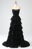 Robe de soirée trapèze noire à paillettes avec fente