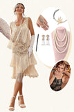 Champagne Paillettes Franges 1920s Gatsby Robe avec 20s Accessoires Set