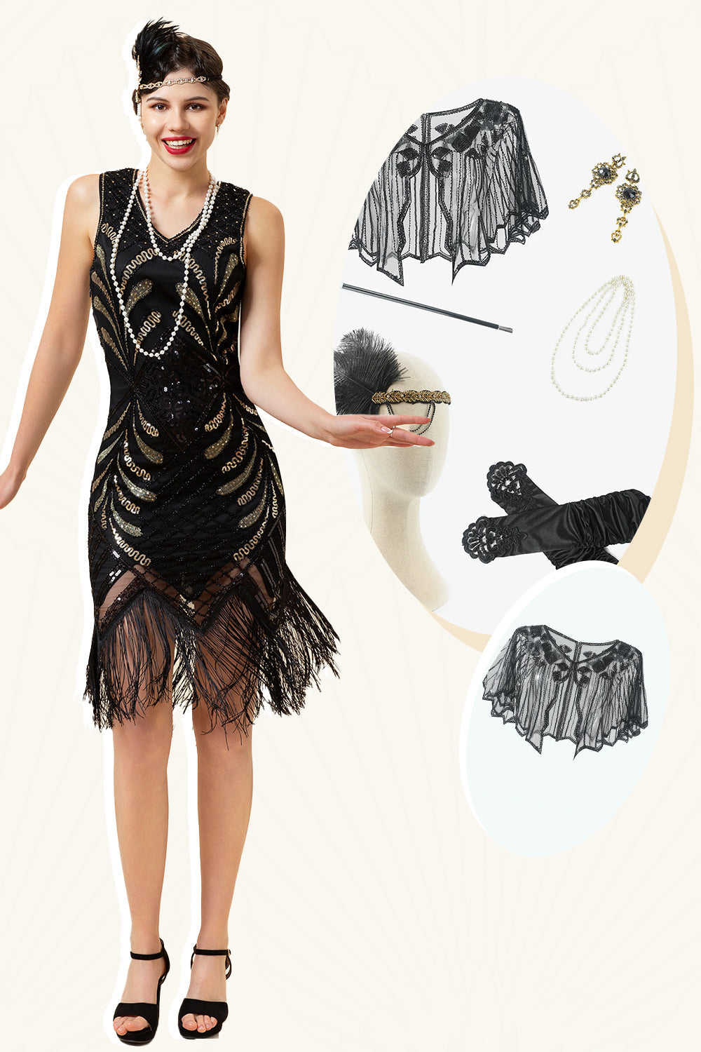 Paillettes noires Fringes 1920s Robe à clapet avec 20s Accessoires Set