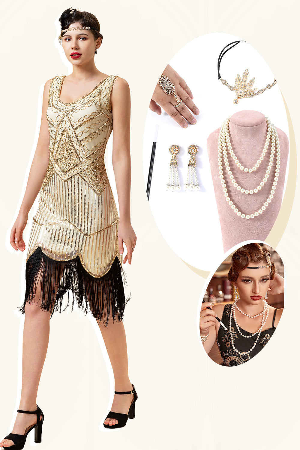 Champagne Paillettes Franges 1920s Robe Flapper avec 20s Accessoires Set