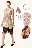 Champagne Paillettes Franges 1920s Robe Flapper avec 20s Accessoires Set