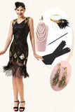 Noir et doré Paillettes Franges 1920s Gatsby Flapper Robe avec 20s Accessoires Set