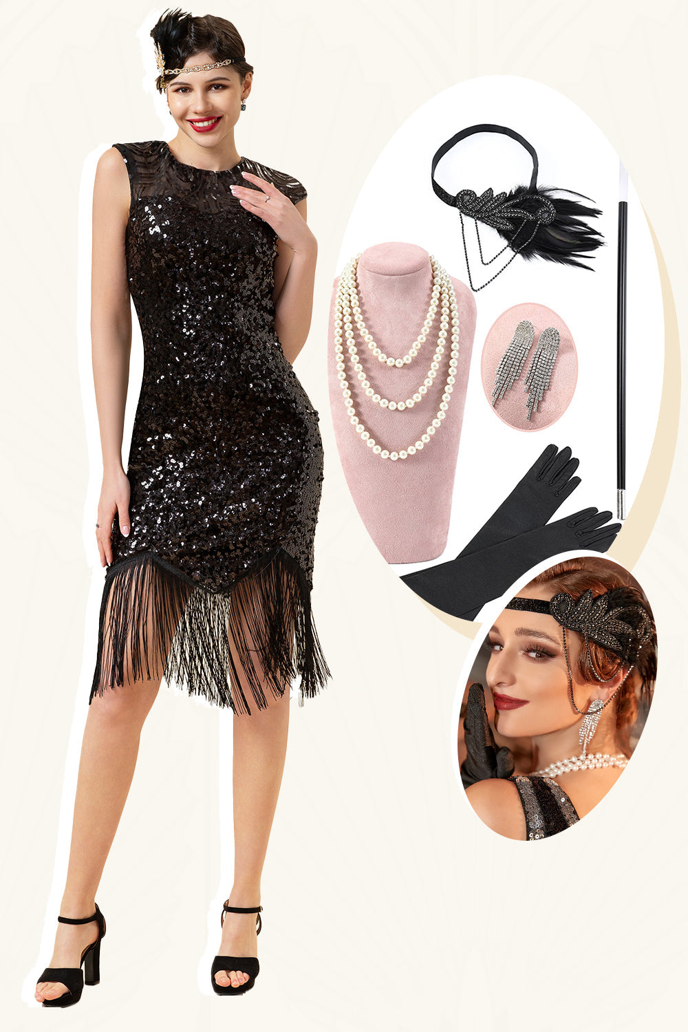 Paillettes noires Fringes 1920s Robe Flapper Gatsby avec 20s Accessoires Set