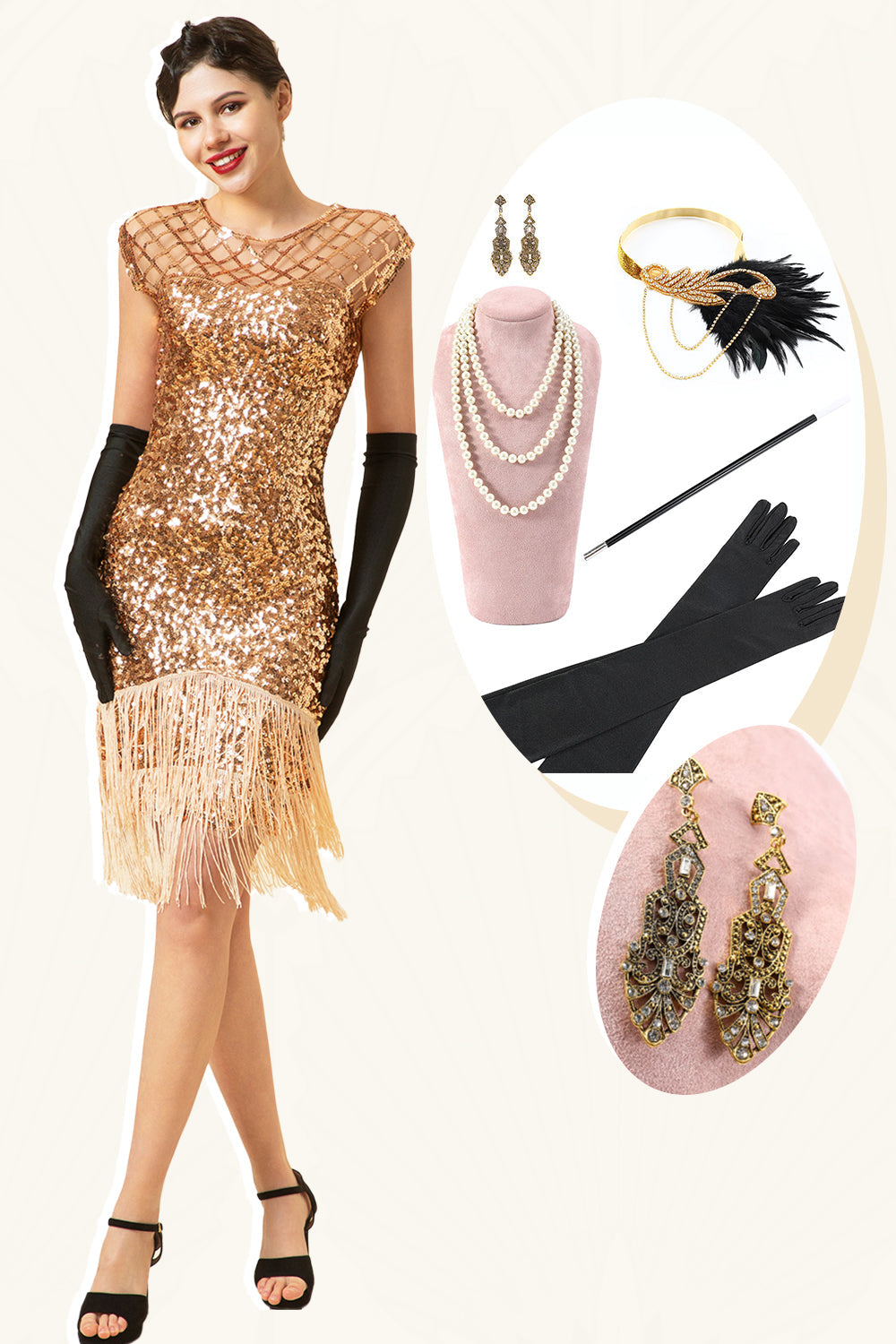 Manches casquette rose Franges pailletés 1920s Gatsby Flapper Robe avec accessoires 20s Set