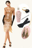Manches casquette rose Franges pailletés 1920s Gatsby Flapper Robe avec accessoires 20s Set