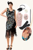 Franges à paillettes noires et bleues Robe Gatsby Flapper des années 20 avec ensemble d’accessoires des années 20