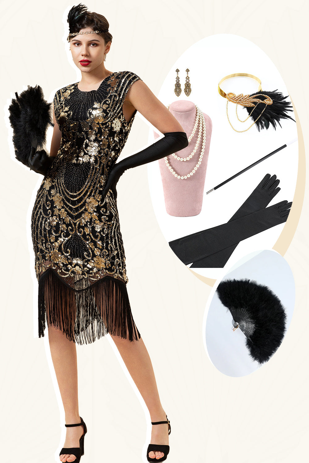 Manches casquettes noires et dorées Franges pailletées Années 20 Gatsby Flapper Robe avec accessoires des années 20 Set