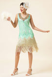 Menthe Green Sequined Fringes 1920s Gatsby Flapper Robe avec accessoires des années 20 Set