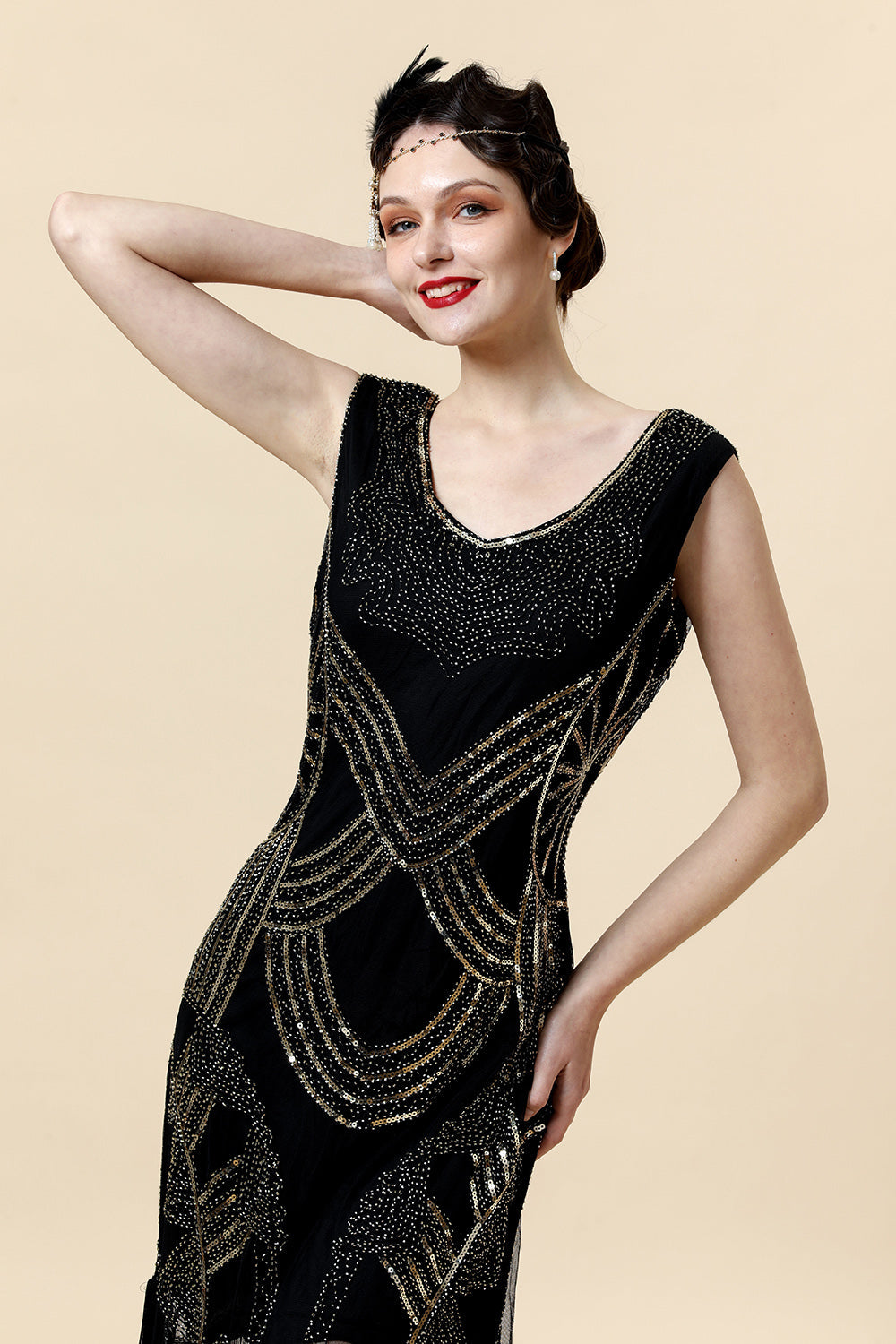 Robe de soirée Gatsby Flapper des années 20 à paillettes noire avec ensemble d’accessoires des années 20