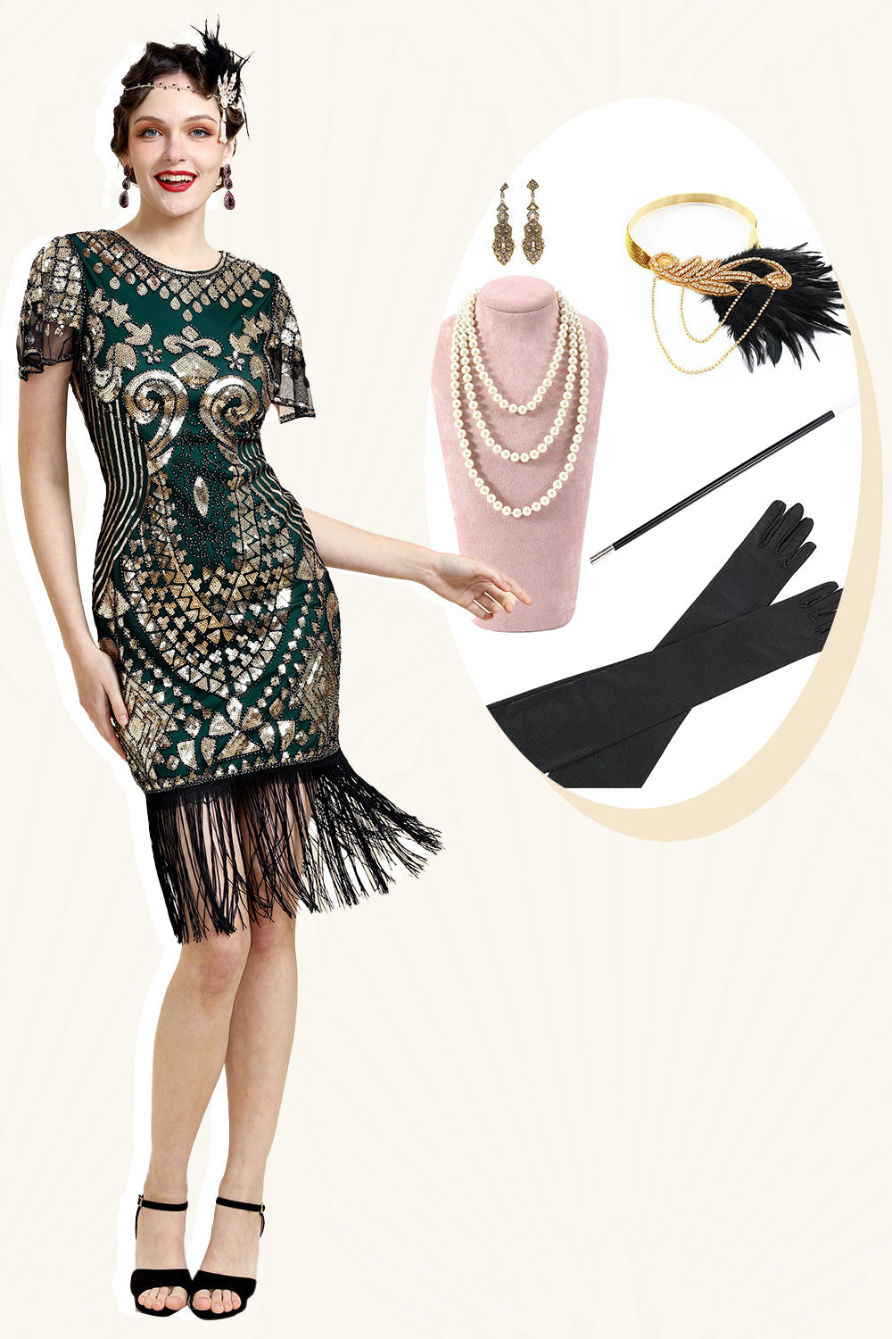 Robe Flapper à Paillettes Vertes avec ensemble d’accessoires des années 20