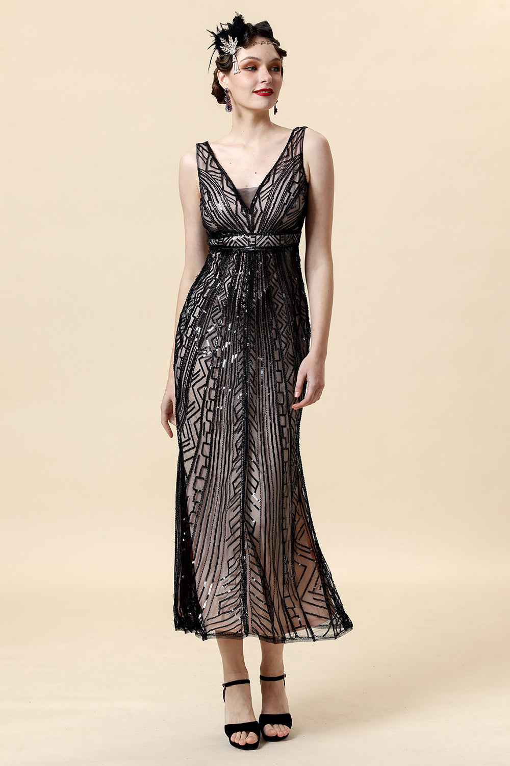 Robe Flapper à paillettes roses avec ensemble d’accessoires des années 20