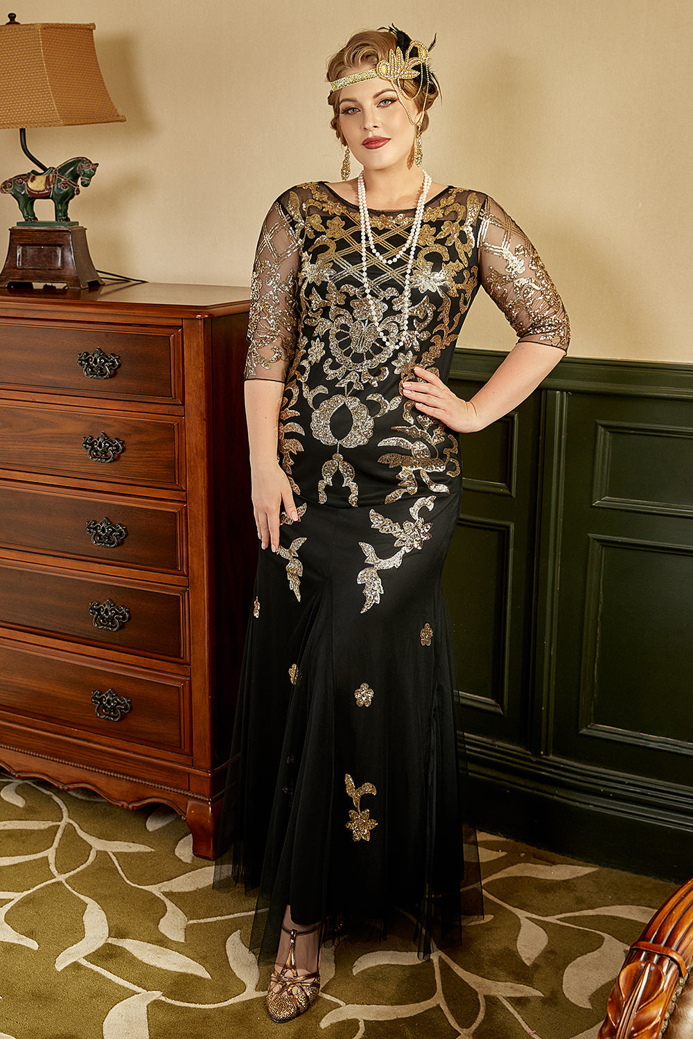 Noir et Or Plus Taille 1920s Gatsby Robe avec 20s Acessories Set