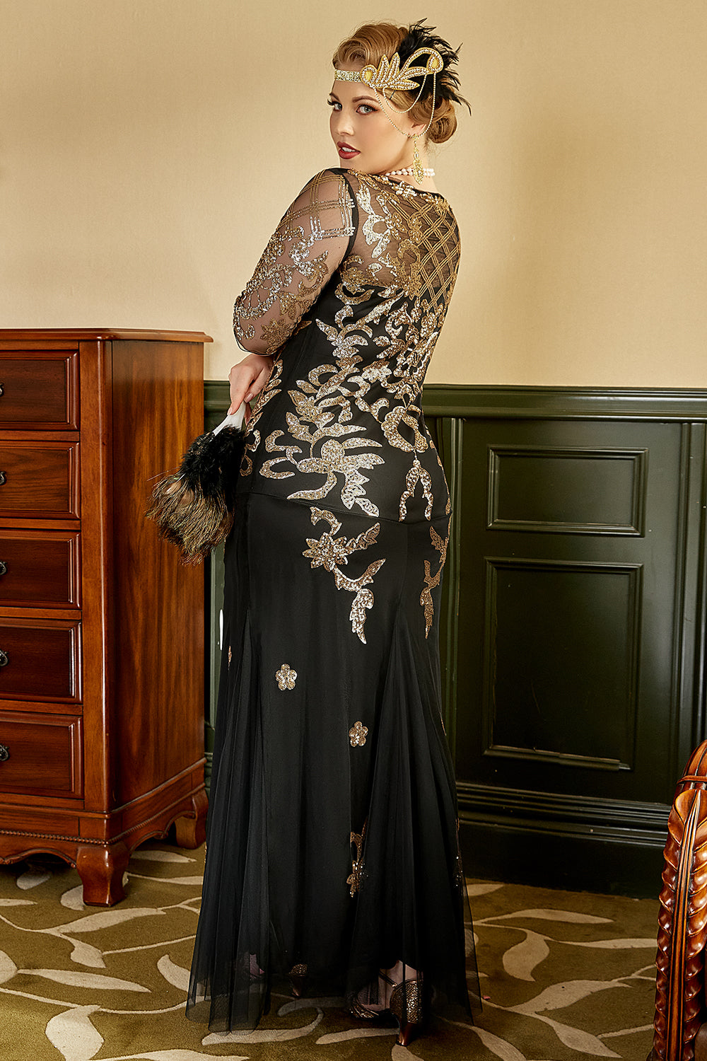 Noir et Or Plus Taille 1920s Gatsby Robe avec 20s Acessories Set