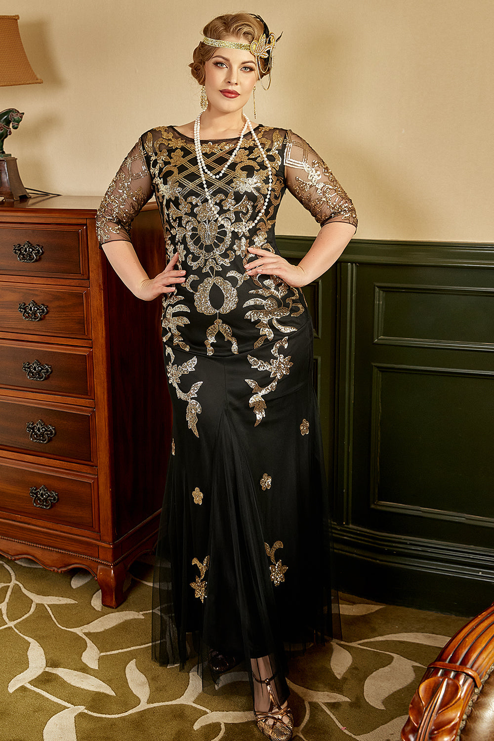 Noir et Or Plus Taille 1920s Gatsby Robe avec 20s Acessories Set