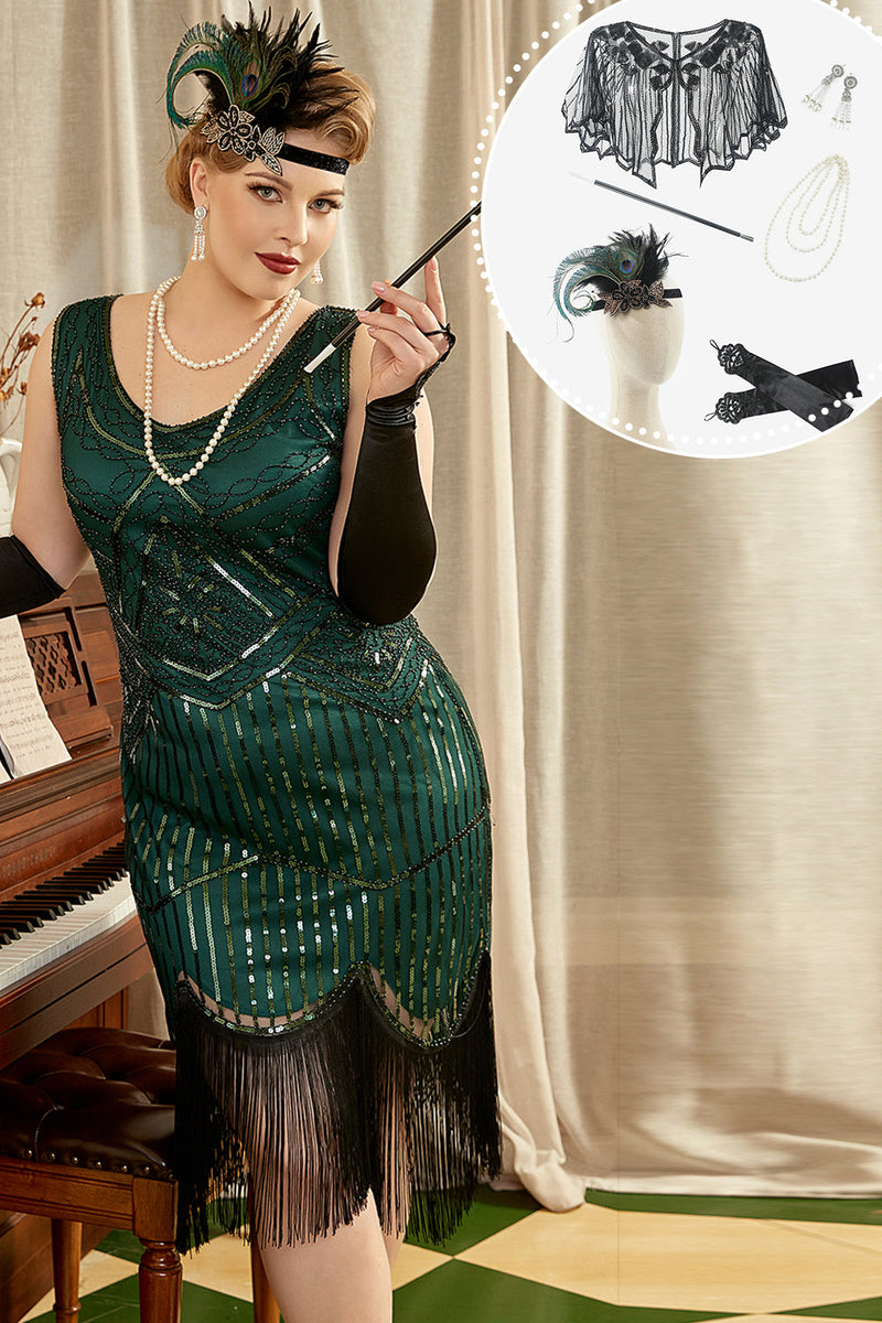 Zapaka Femmes Vert foncé Pailleté Frangée des années 20 Robe Gatsby avec  ensemble d'accessoires – ZAPAKA FR