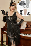 Paillettes noires Années 20 Flapper Plus Taille Robe avec 20s Accessoires Set