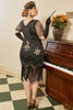 Charger l&#39;image dans la galerie, Robe noire à manches courtes 1920s Plus avec ensemble d’accessoires des années 20