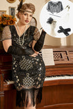 Paillettes noires des années 1920 Flapper Plus Taille Robe avec 20s Accessoires Set