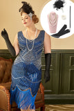 Robe Gatsby Bleu Royal 1920s avec ensemble d’accessoires des années 20