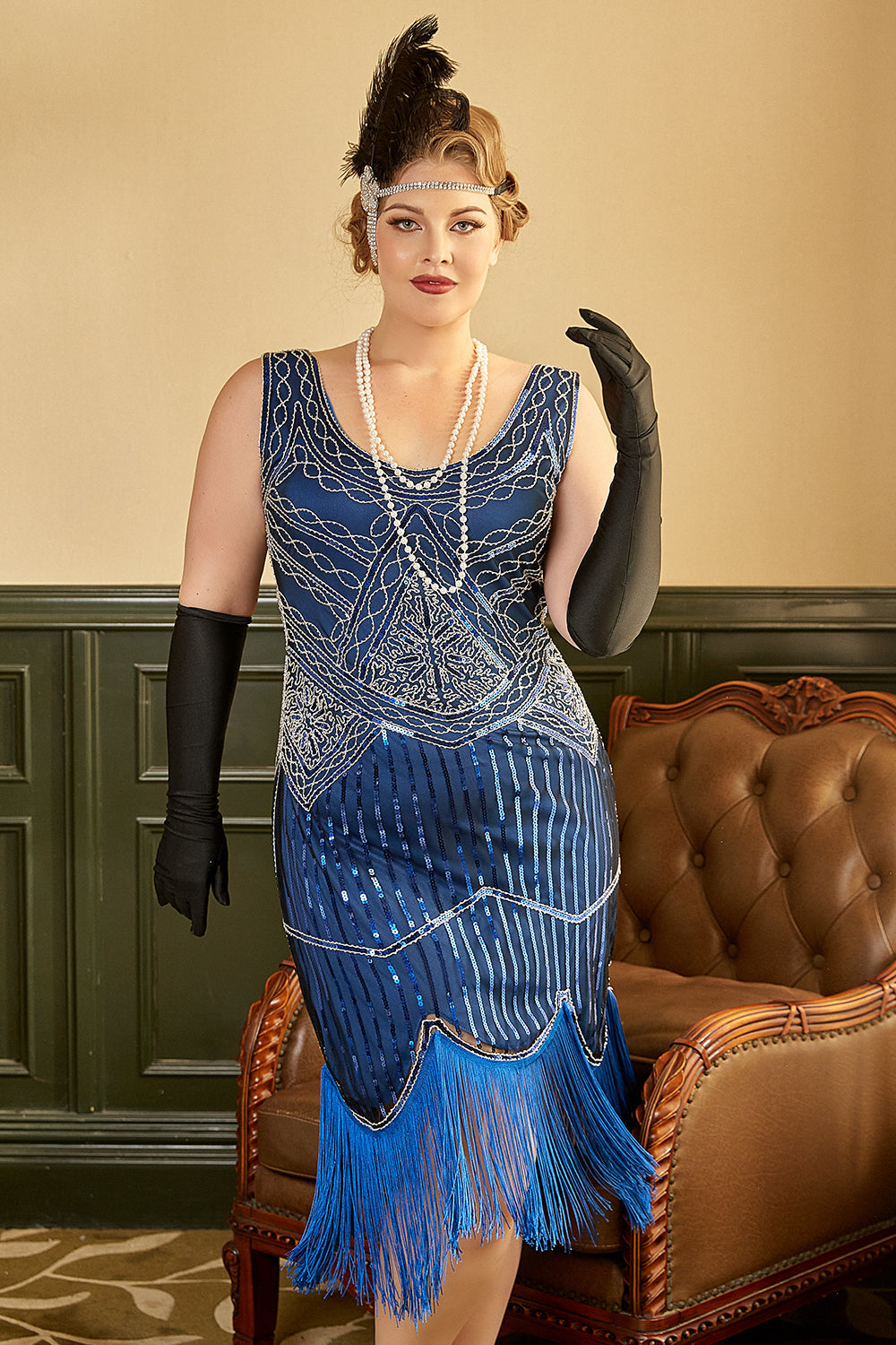 Robe Gatsby Bleu Royal 1920s avec ensemble d’accessoires des années 20