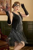 Noir Fringes 1920s Plus Taille Gatsby Robe avec 20s Accessoires Set
