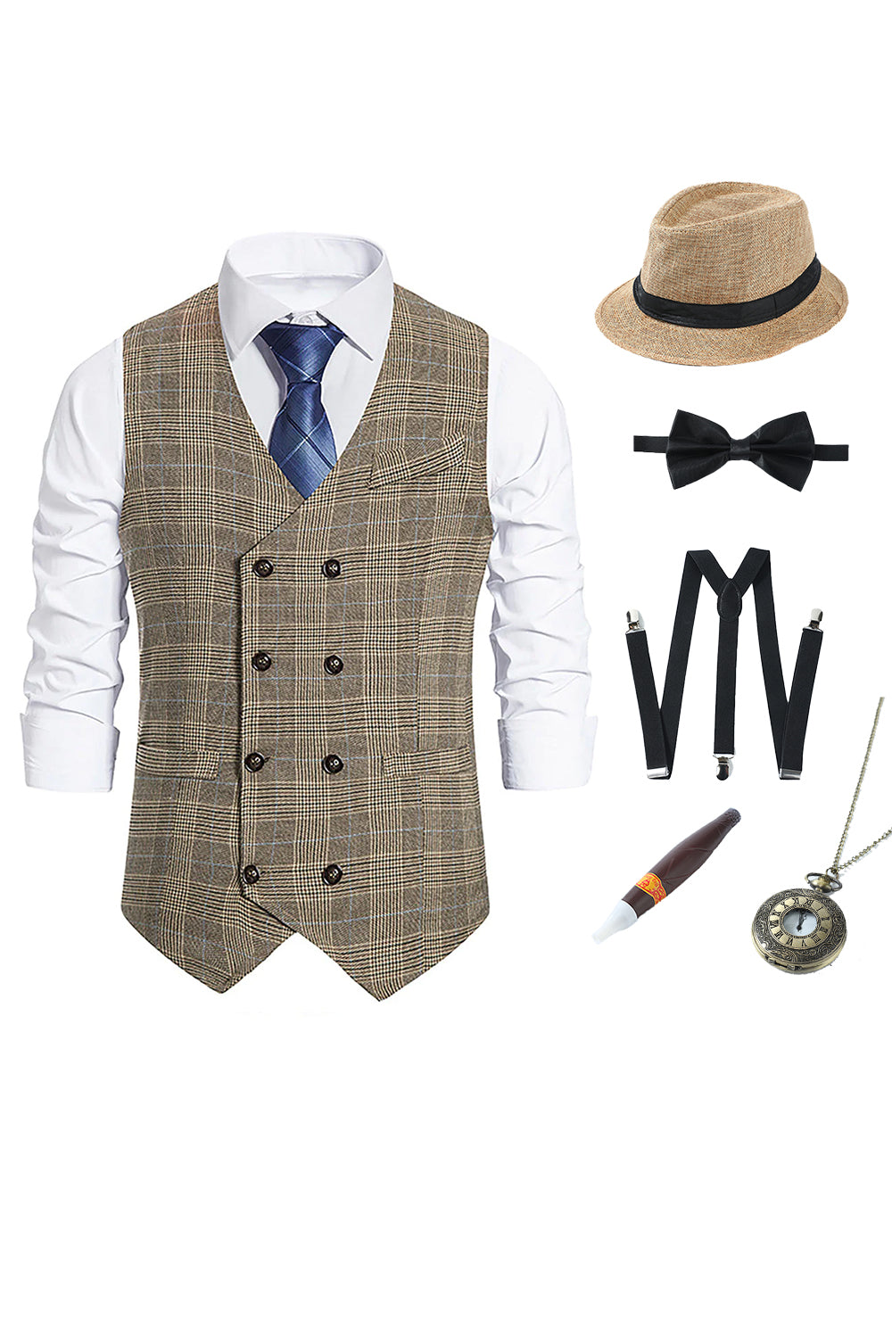 Gilet pour homme à carreaux brun à double poitrine avec ensemble d’accessoires