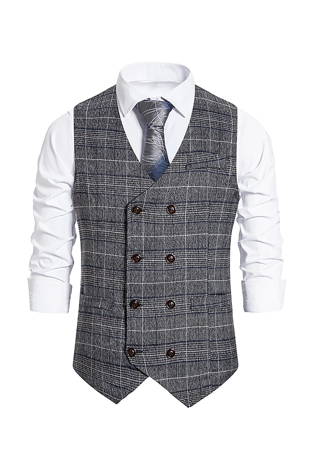 Gilet pour homme à carreaux gris à double poitrine avec ensemble d’accessoires