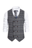 Gilet pour homme à carreaux gris à double poitrine avec ensemble d’accessoires