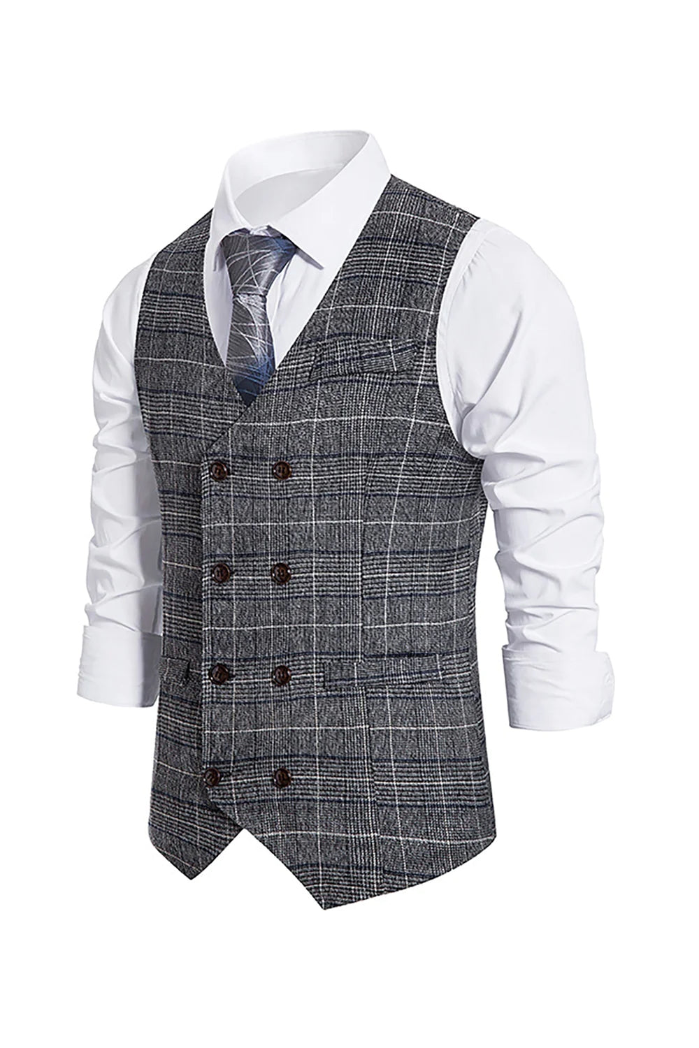Gilet pour homme à carreaux gris à double poitrine avec ensemble d’accessoires