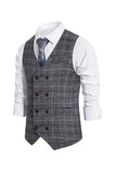 Gilet pour homme à carreaux gris à double poitrine avec ensemble d’accessoires