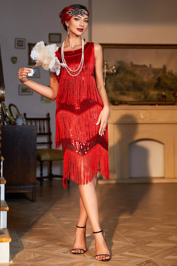 Robe Gatsby Gatsby des années 20 à franges rouges pailletés scintillantes avec accessoires des années 20