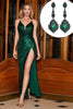 Charger l&#39;image dans la galerie, Robe de bal longue à bretelles spaghetti vert foncé scintillant avec accessoire