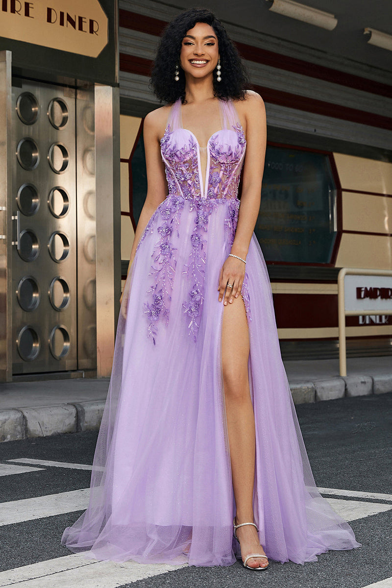 Charger l&#39;image dans la galerie, Magnifique une ligne dos nu cou gris violet violet Corset Applique robe de bal avec accessoires ensemble