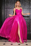 Robe de bal longue Corset A-ligne rose vif avec accessoire